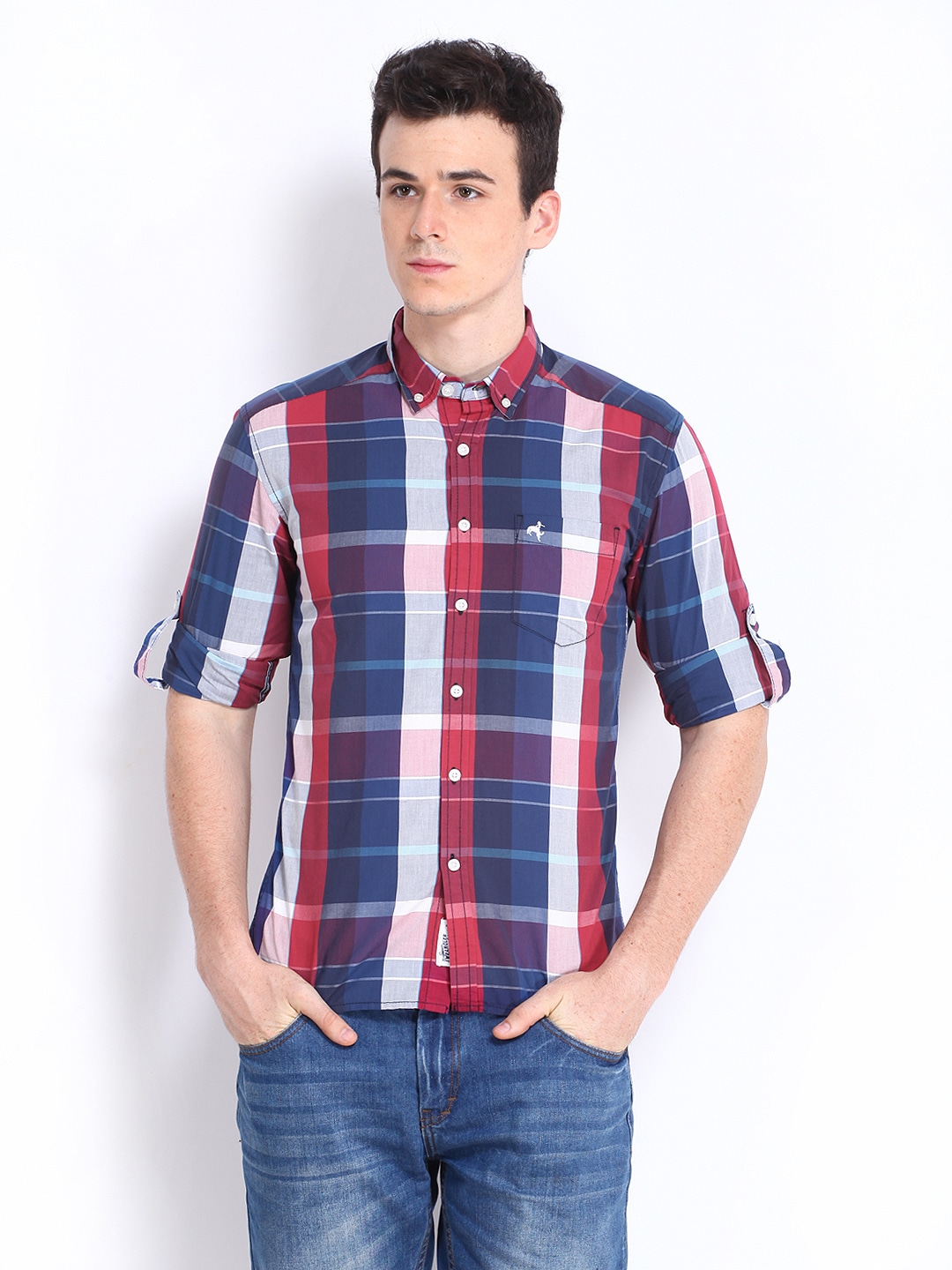 Wrangler Men Navy & Red Checked Slim Fit Casual Shirt