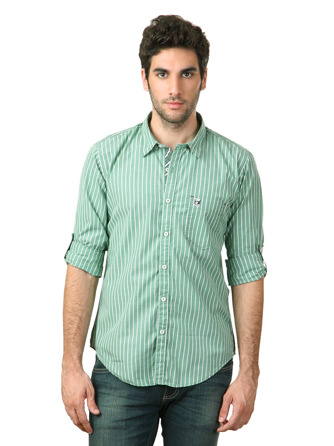Basics Men Green Striped Shirt