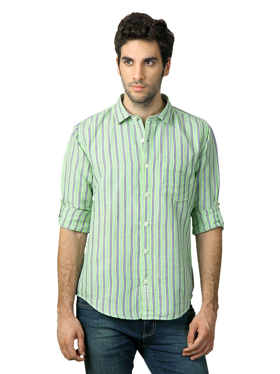 Basics Men Green Striped Shirt