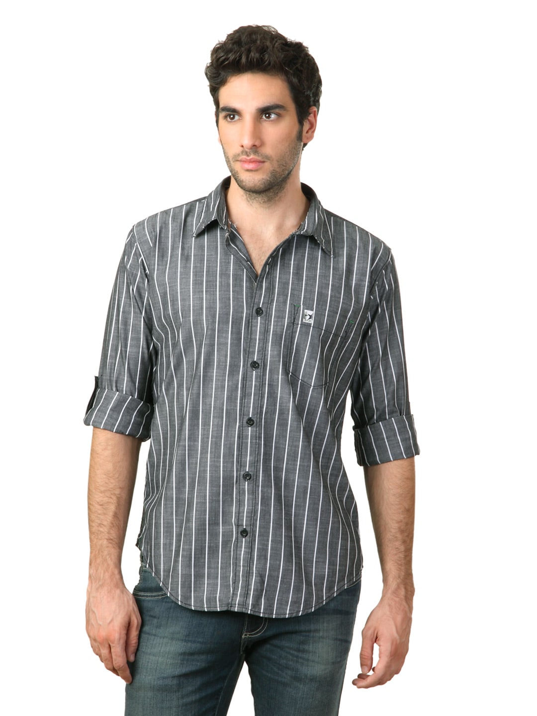 Basics Men Grey Striped Shirt