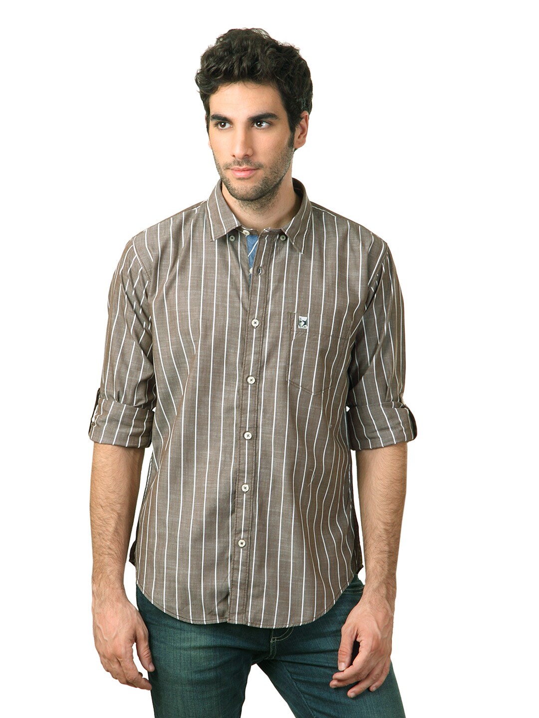 Basics Men Brown Striped Shirt