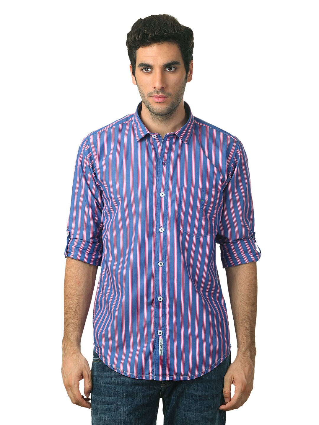 Basics Men Blue Striped Shirt