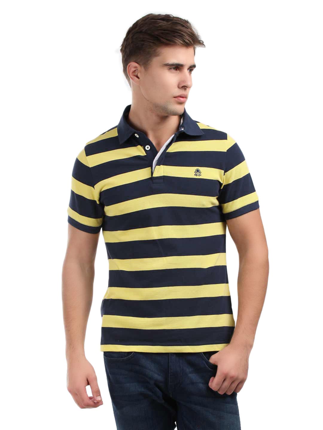 United Colors of Benetton Men Navy Blue & Yellow Striped Polo T-shirt