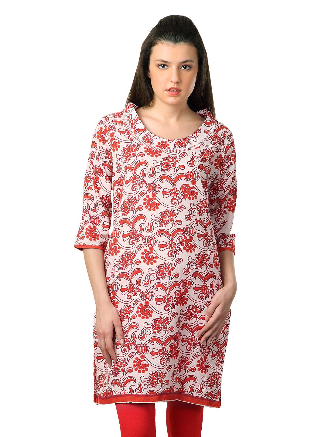 Alma Women White & Red Kurta