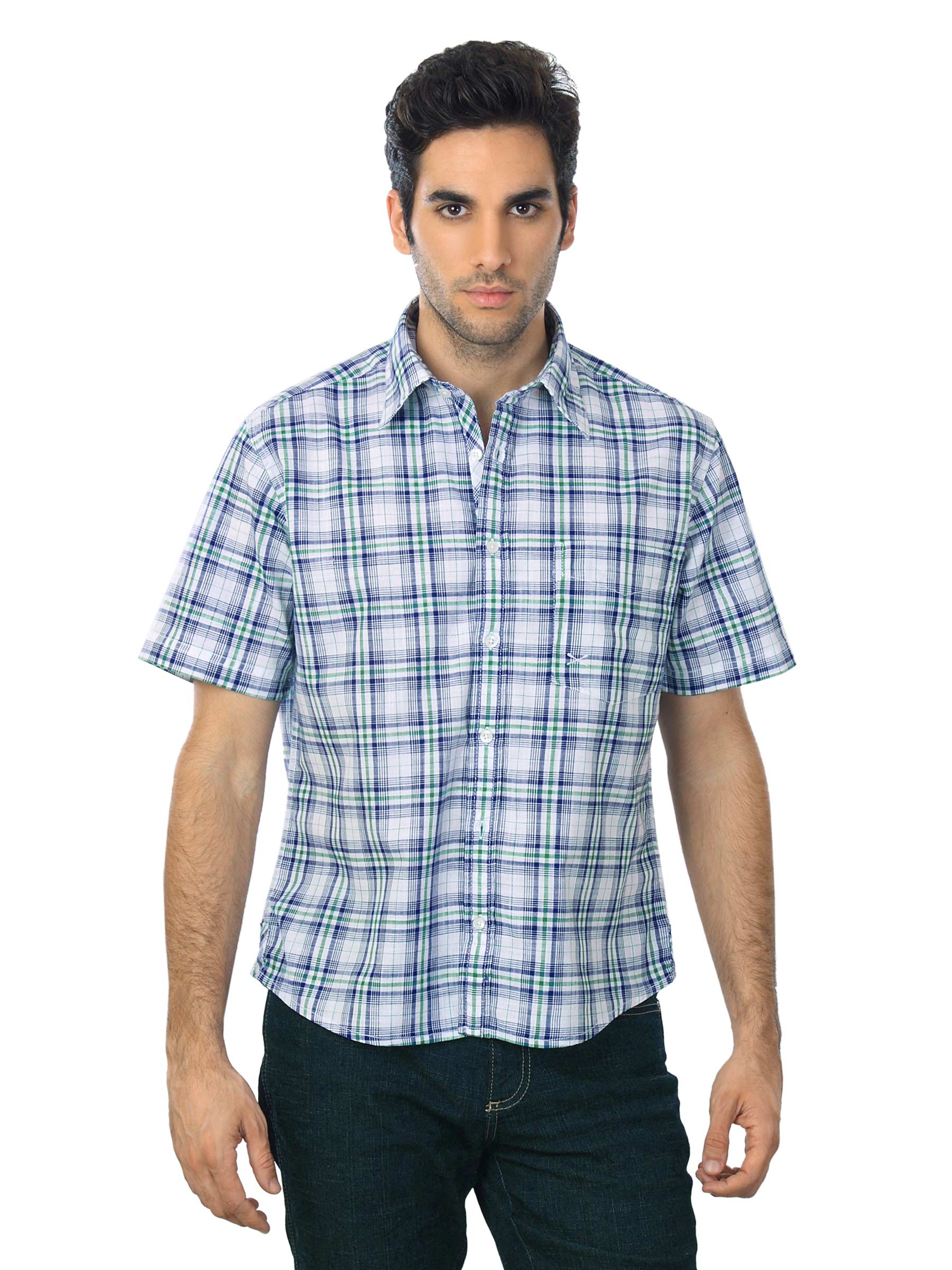 Scullers Men White & Navy Blue Check Shirt