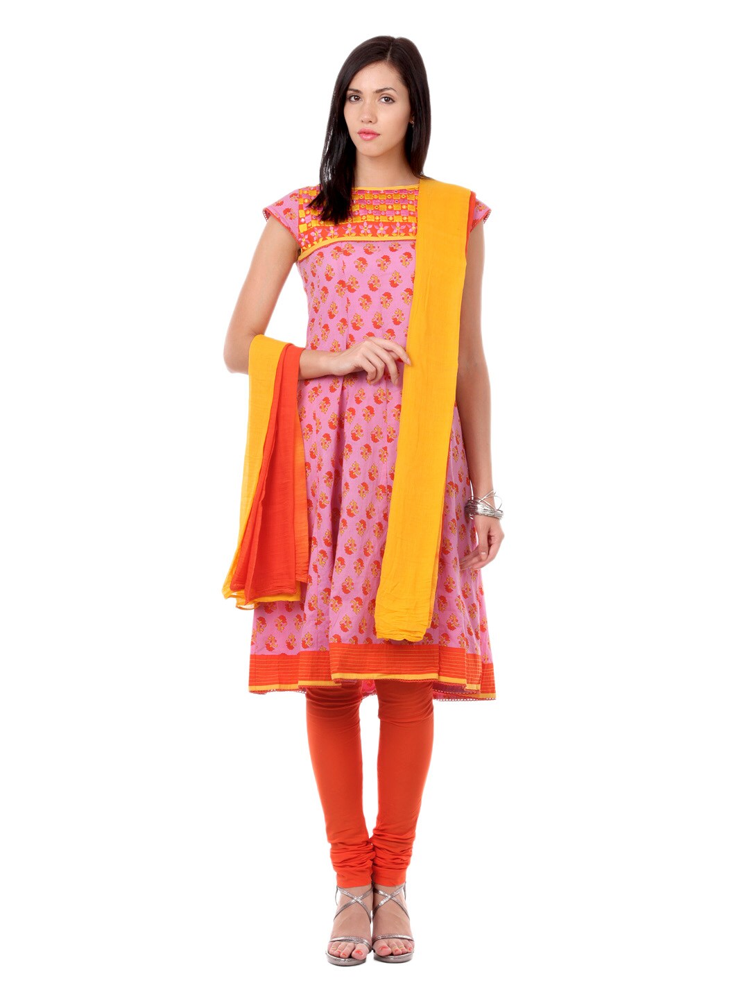 Global Desi Women Pink & Orange Printed Anarkali Churidar Kurta with Duptatta