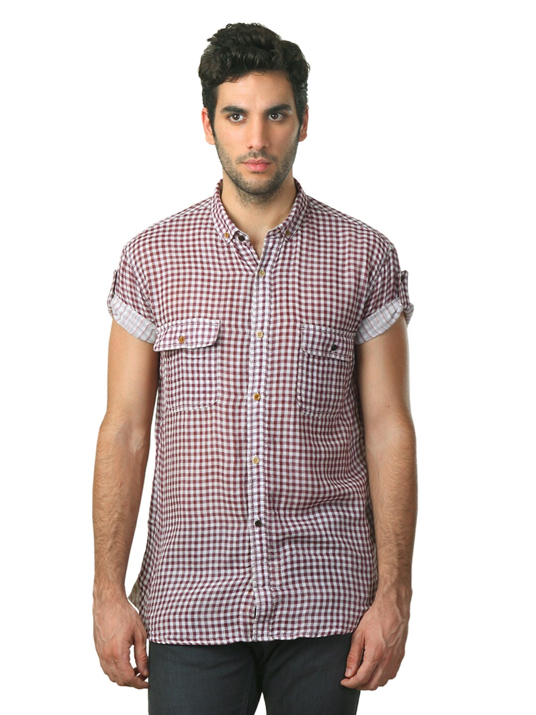 French Connection Men Maroon Check Shirt