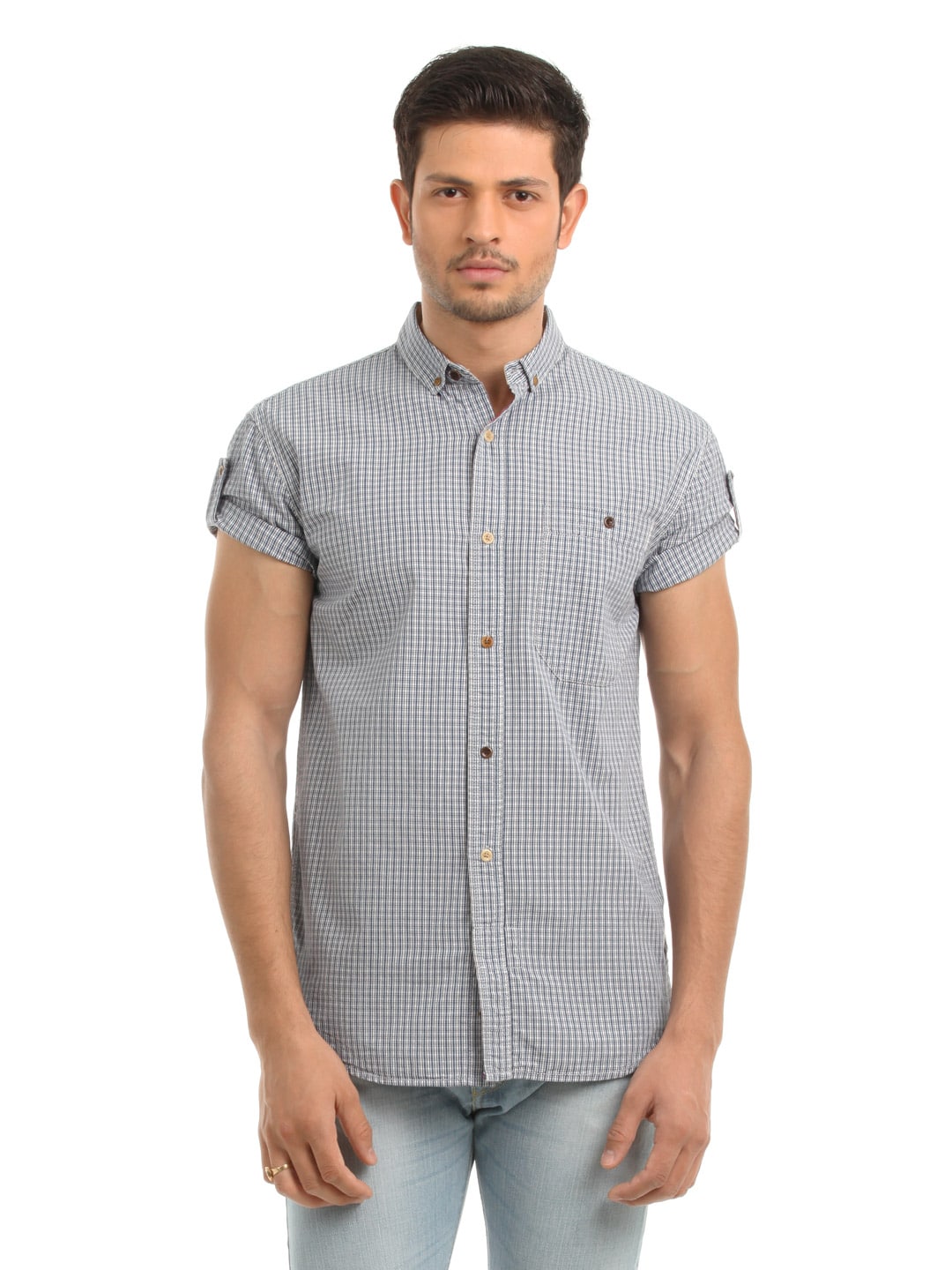 French Connection Men Navy Blue Check Shirt