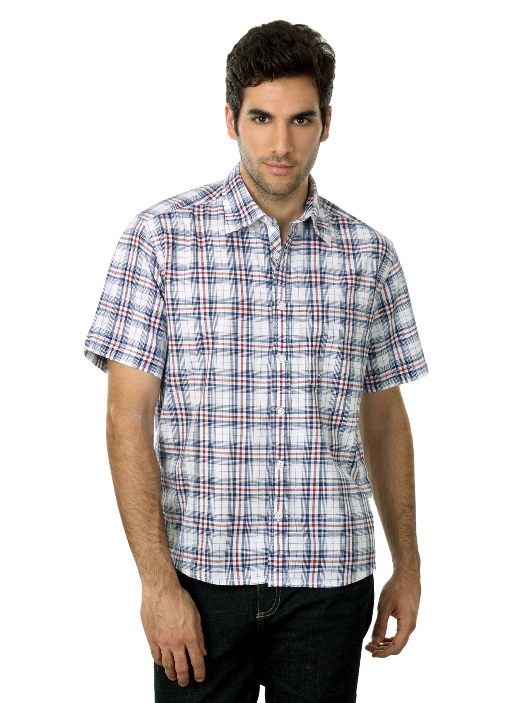 Scullers Men White & Navy Blue Check Shirt