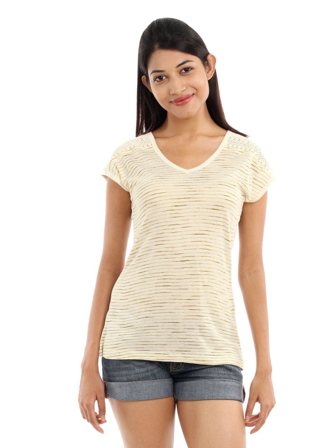 Wills Lifestyle Women Beige Victoria Laced T-shirt