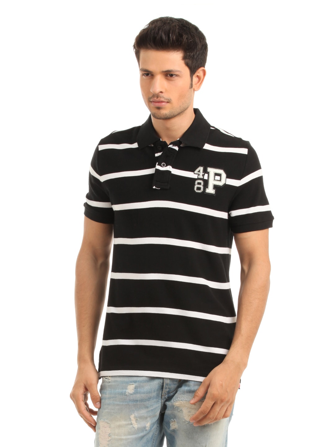 Puma Men Black Striped Polo neck T-shirt