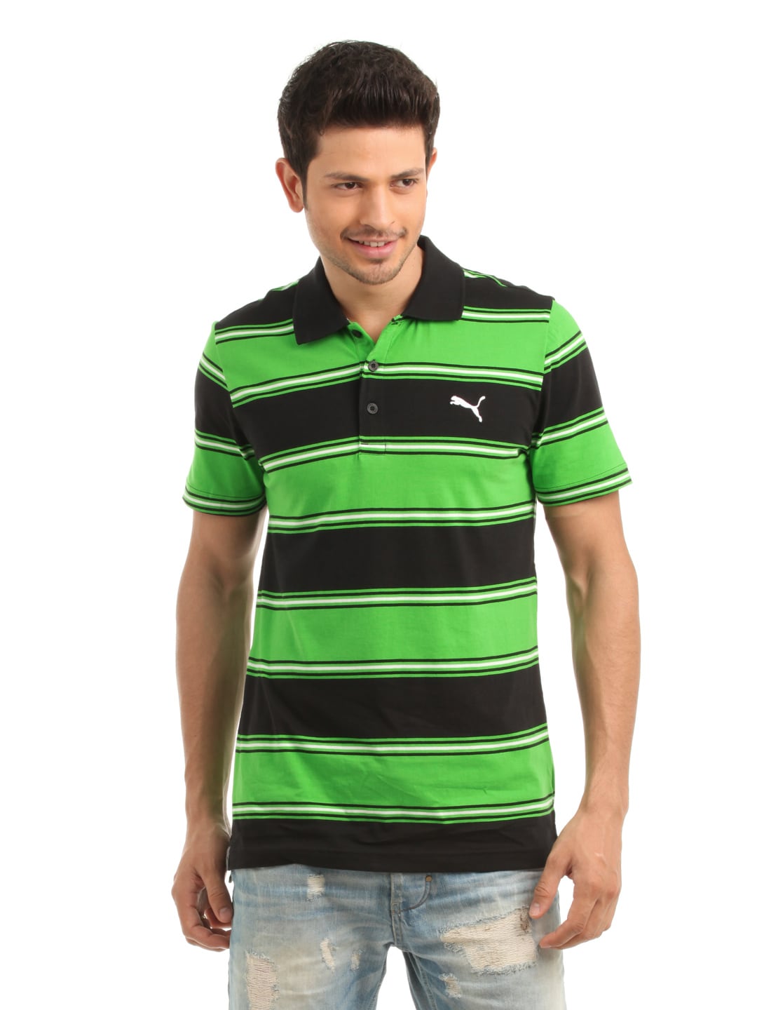 Puma Men Black and Green Striped Polo neck T-shirt