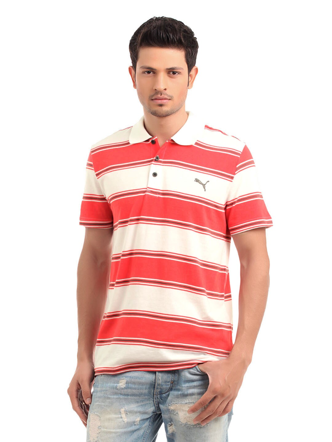 Puma Men White and Red Striped Polo neck T-shirt