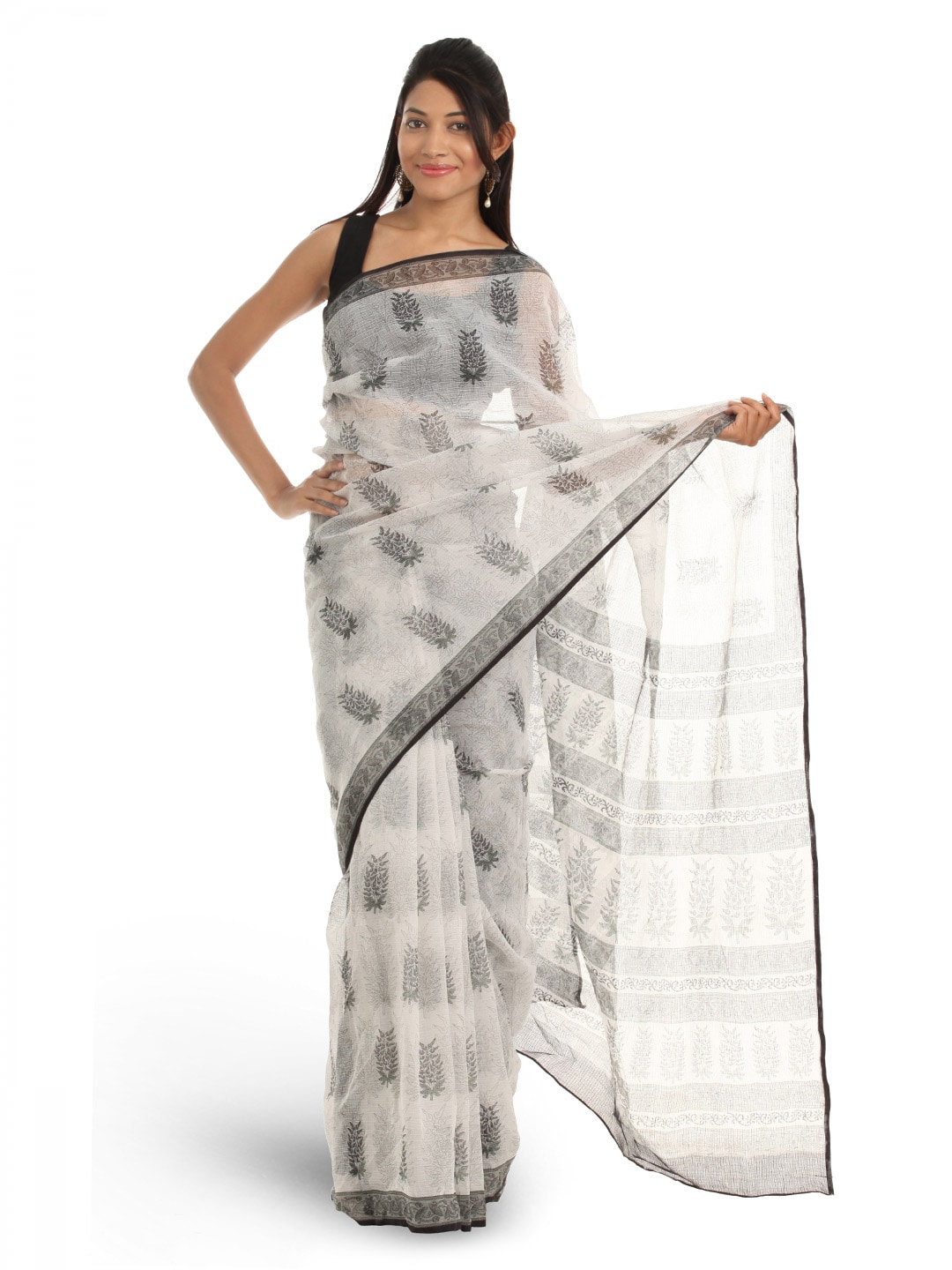Fabindia White Hand Printed Sari
