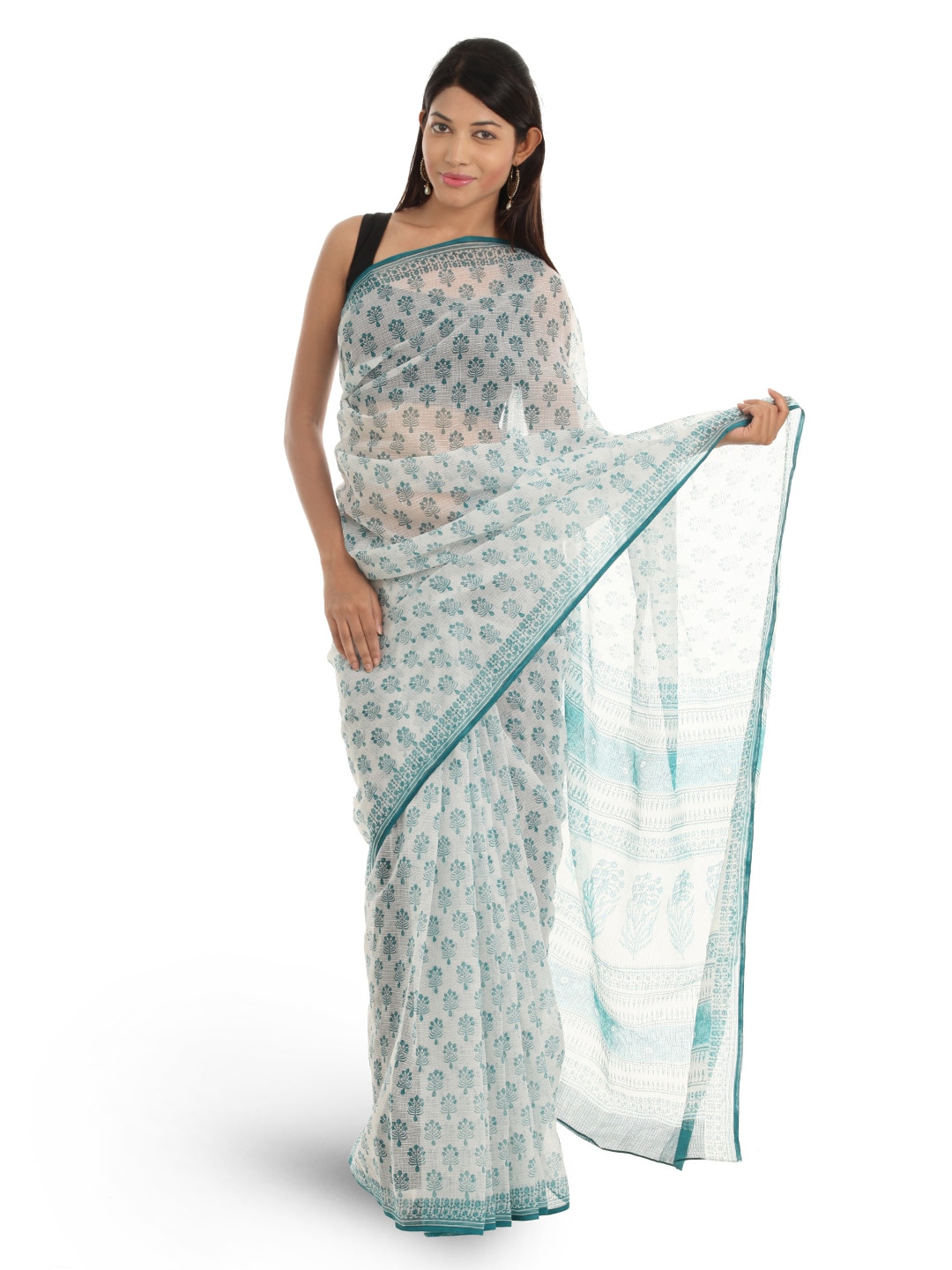 Fabindia White Hand Printed Sari