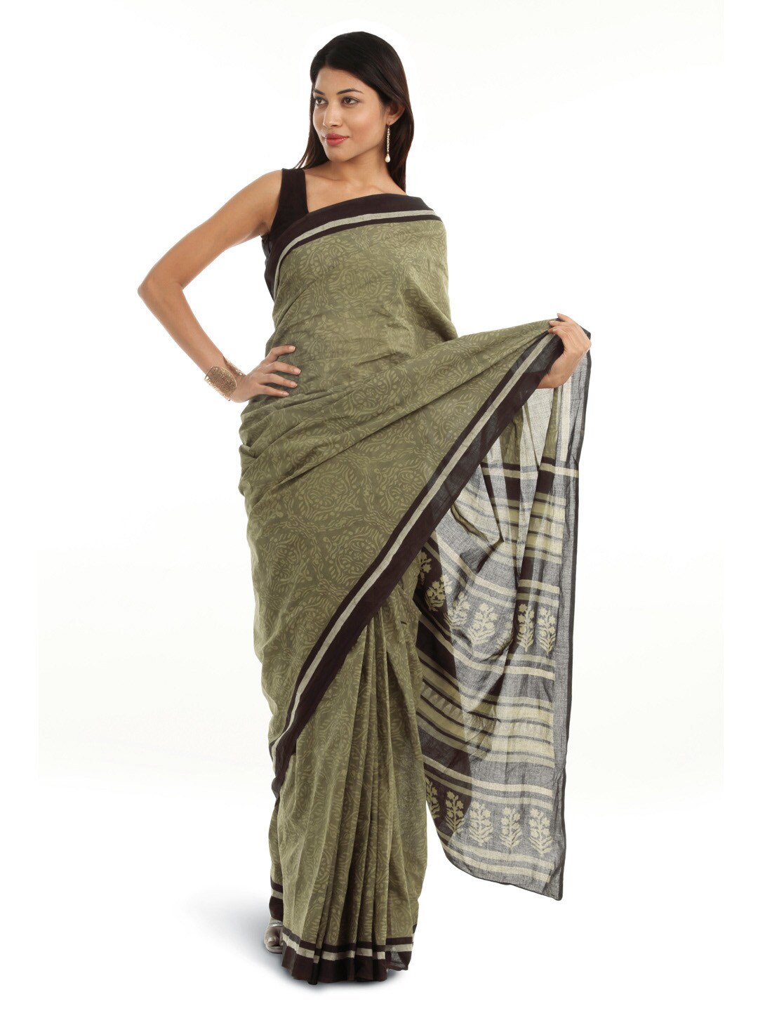 Fabindia Olive Mull Hand Printed Sari