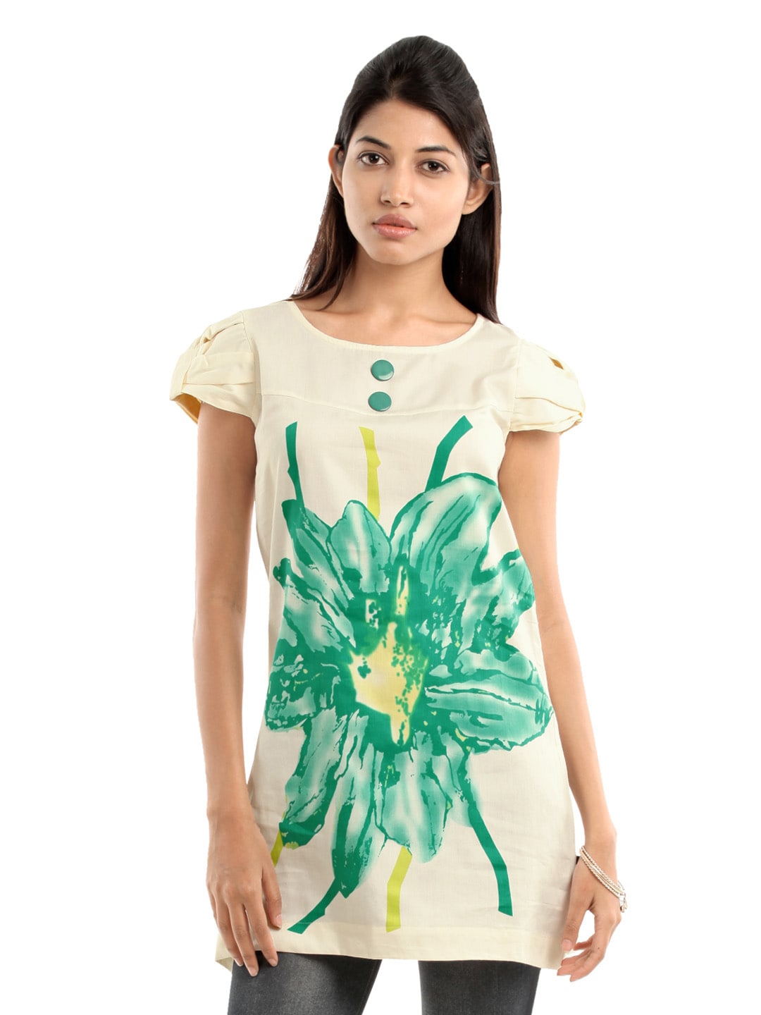 109F Women Cream-Coloured & Green Printed Tunic