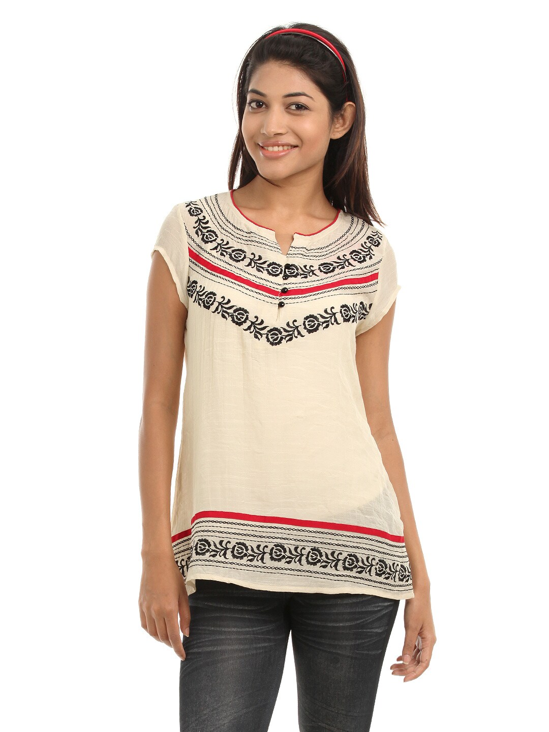 109F Women Beige Embroidered Top