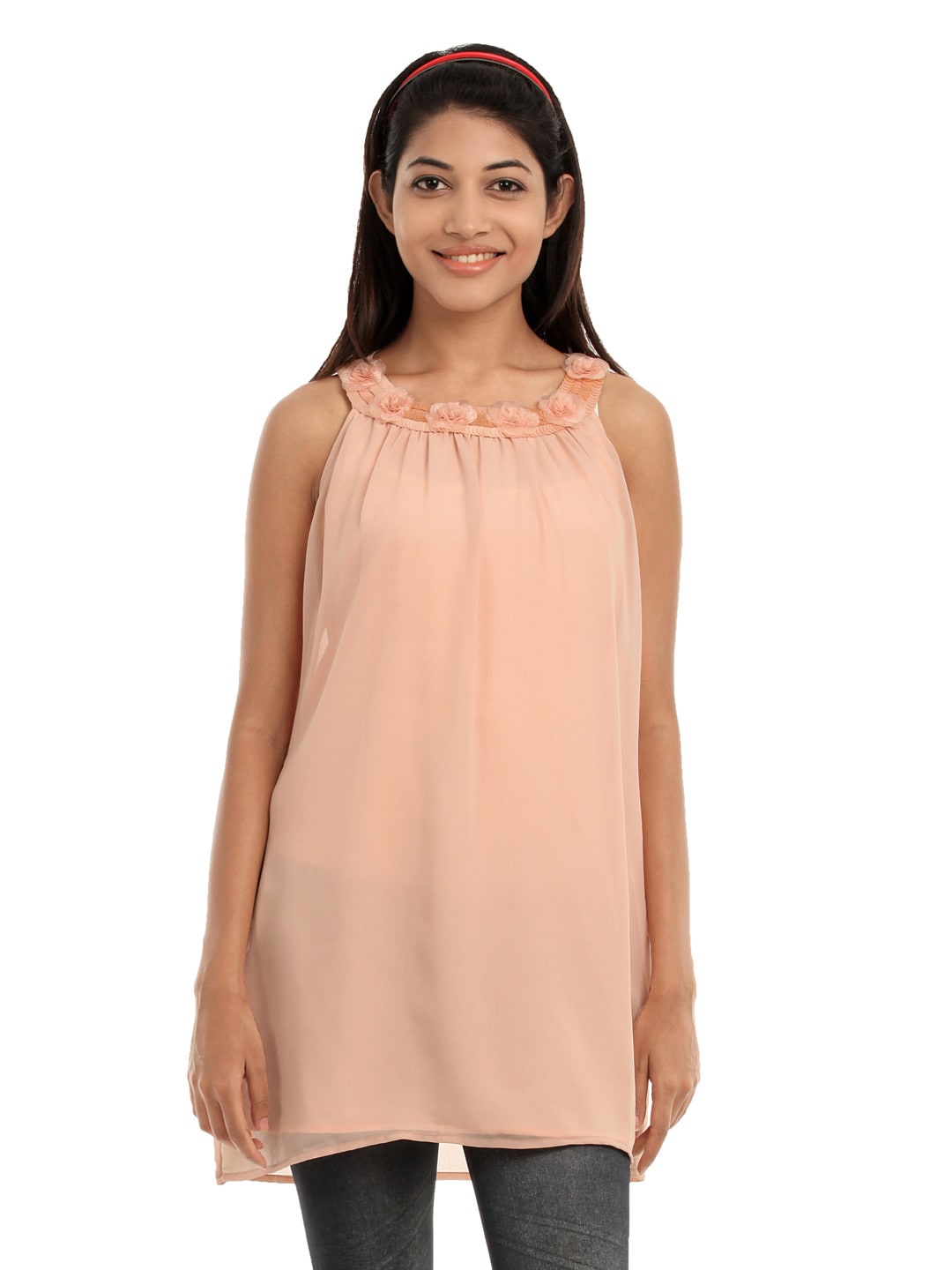 109F Women Peach-Coloured Solid Tunic