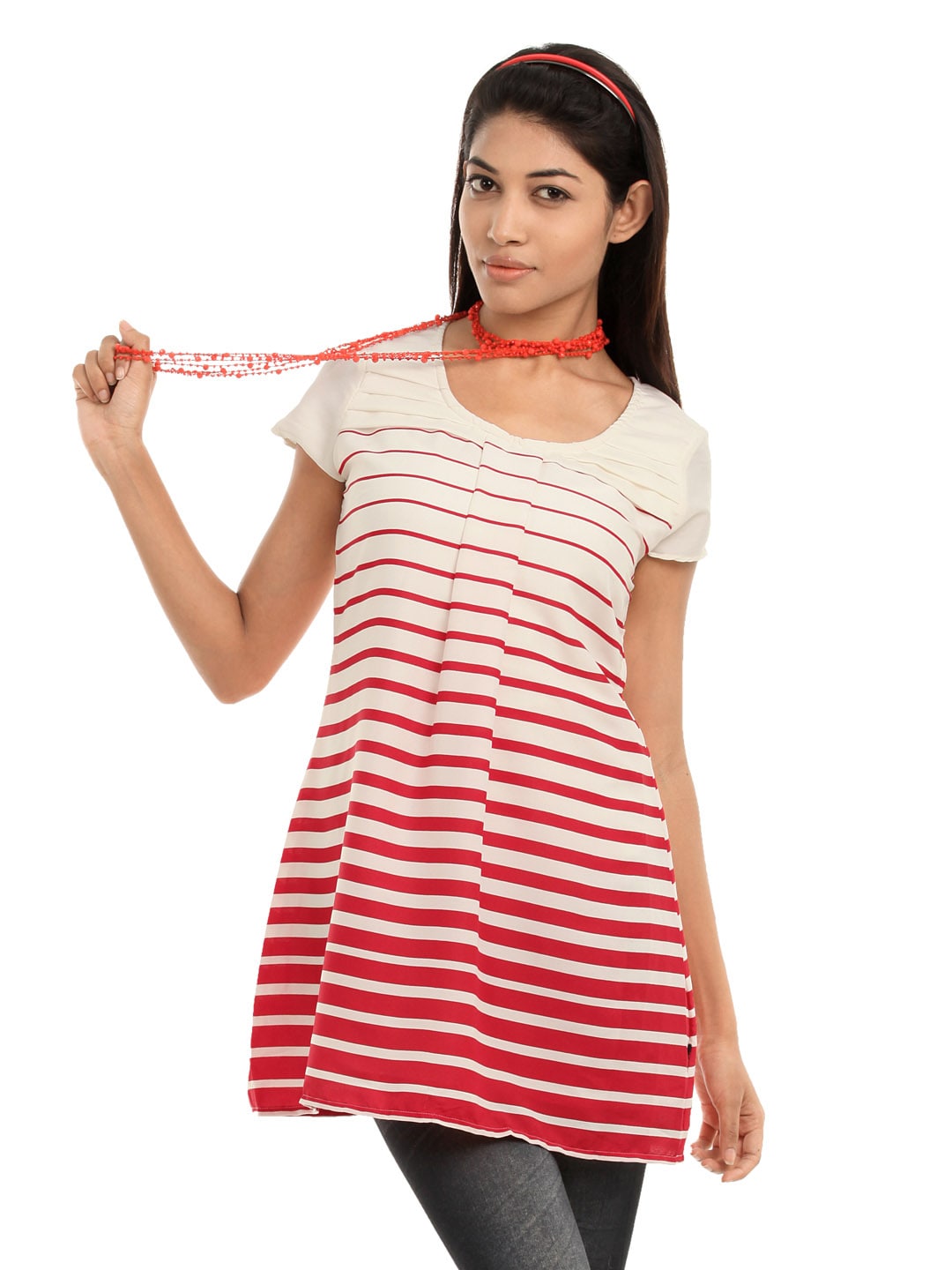 109F Women Red & White Striped Tunic