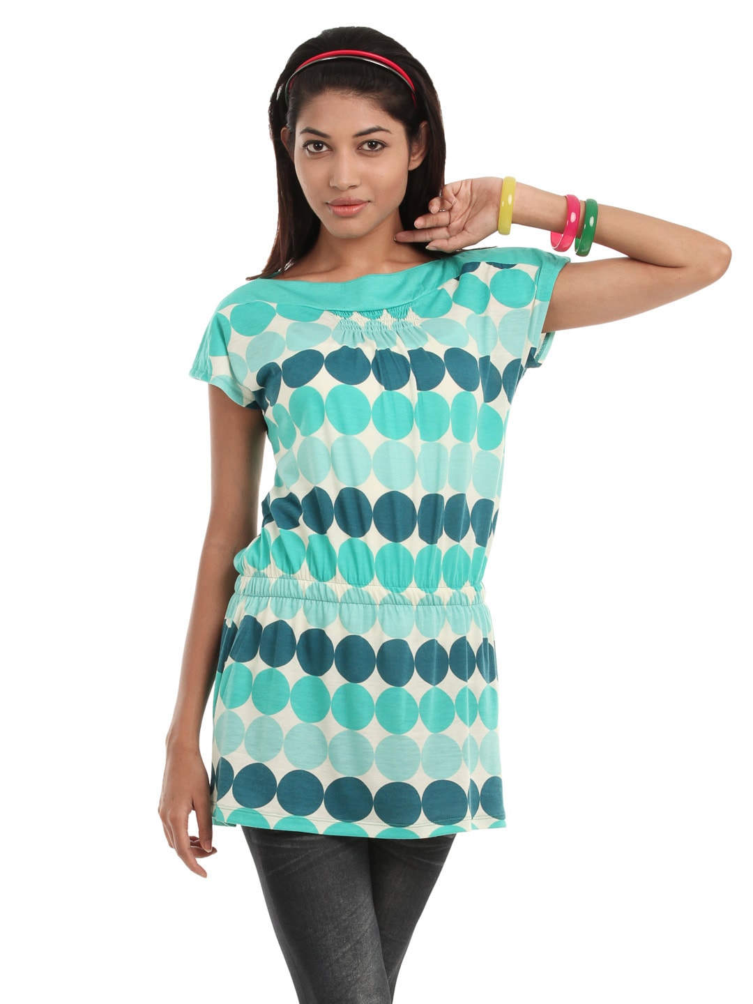 109F Women Blue & Green Polka Dot Print Tunic