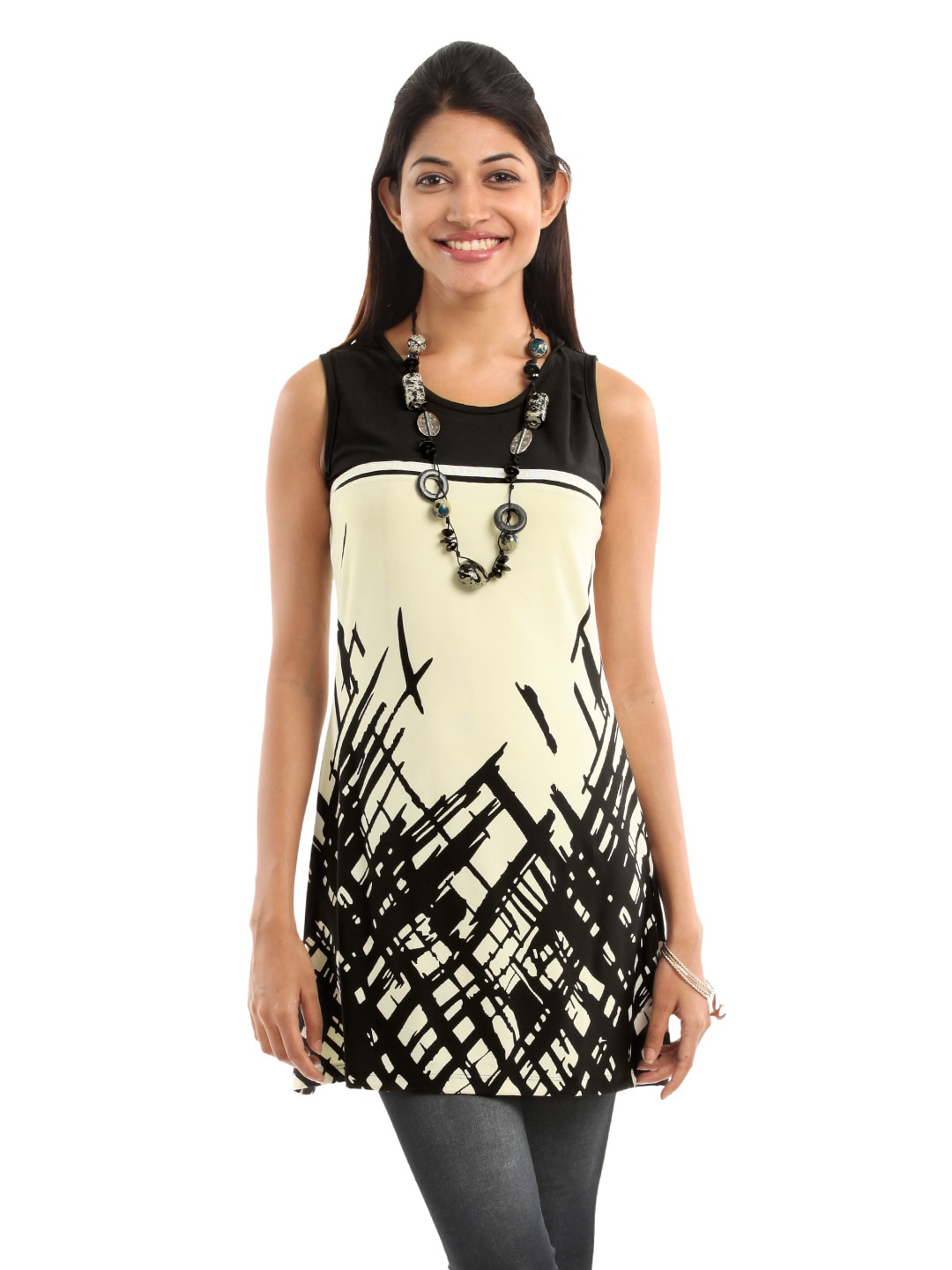 109F Women Black & Cream-Coloured Colourblocked Printed Tunic