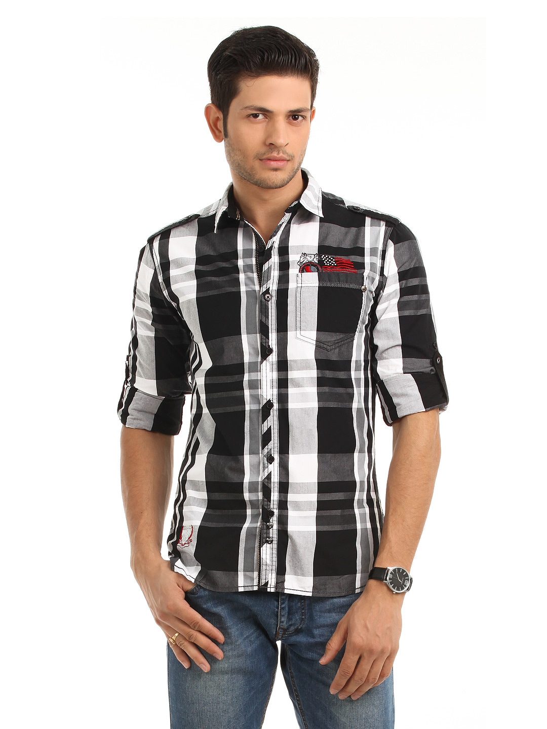 Locomotive Men Black & Grey Check Shirt