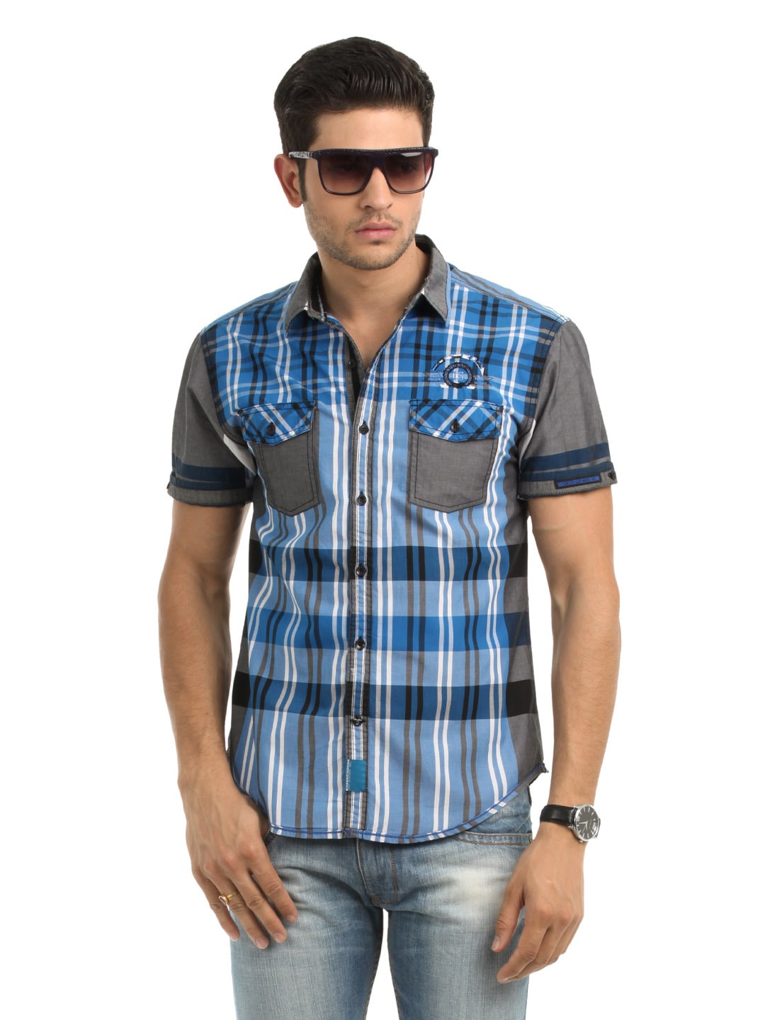 Locomotive Men Blue and Grey Check Shirt