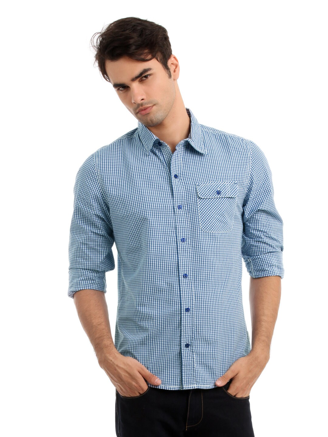 ADIDAS Men Blue & White Check Shirt