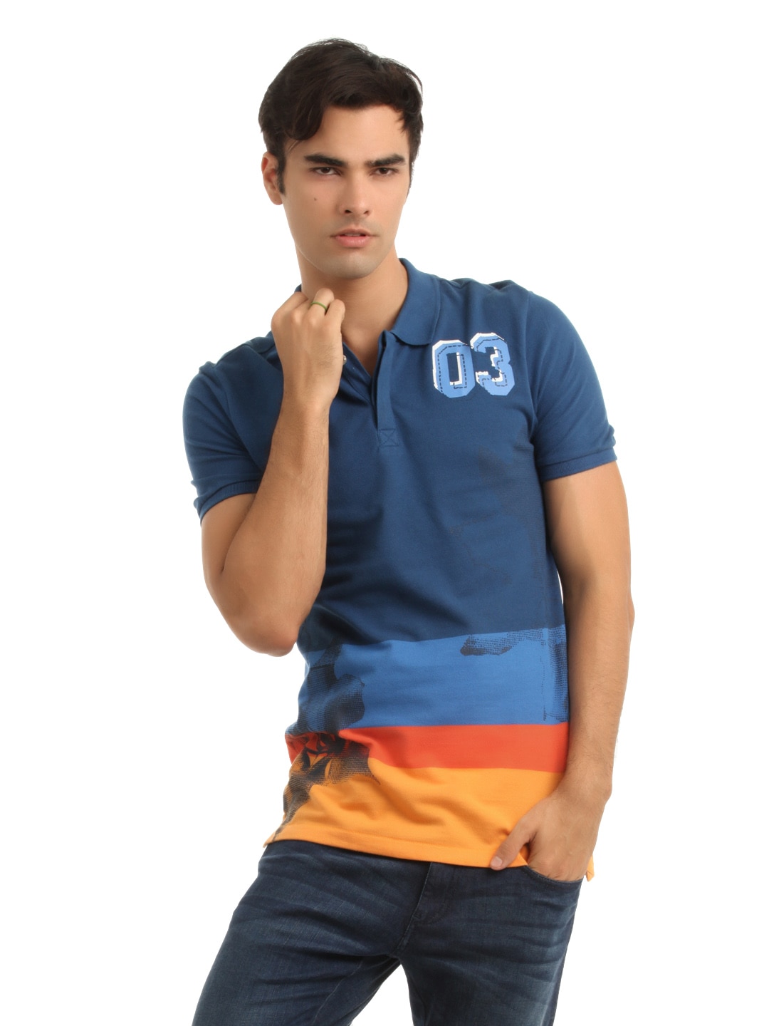 ADIDAS Men Blue & Orange T-shirt
