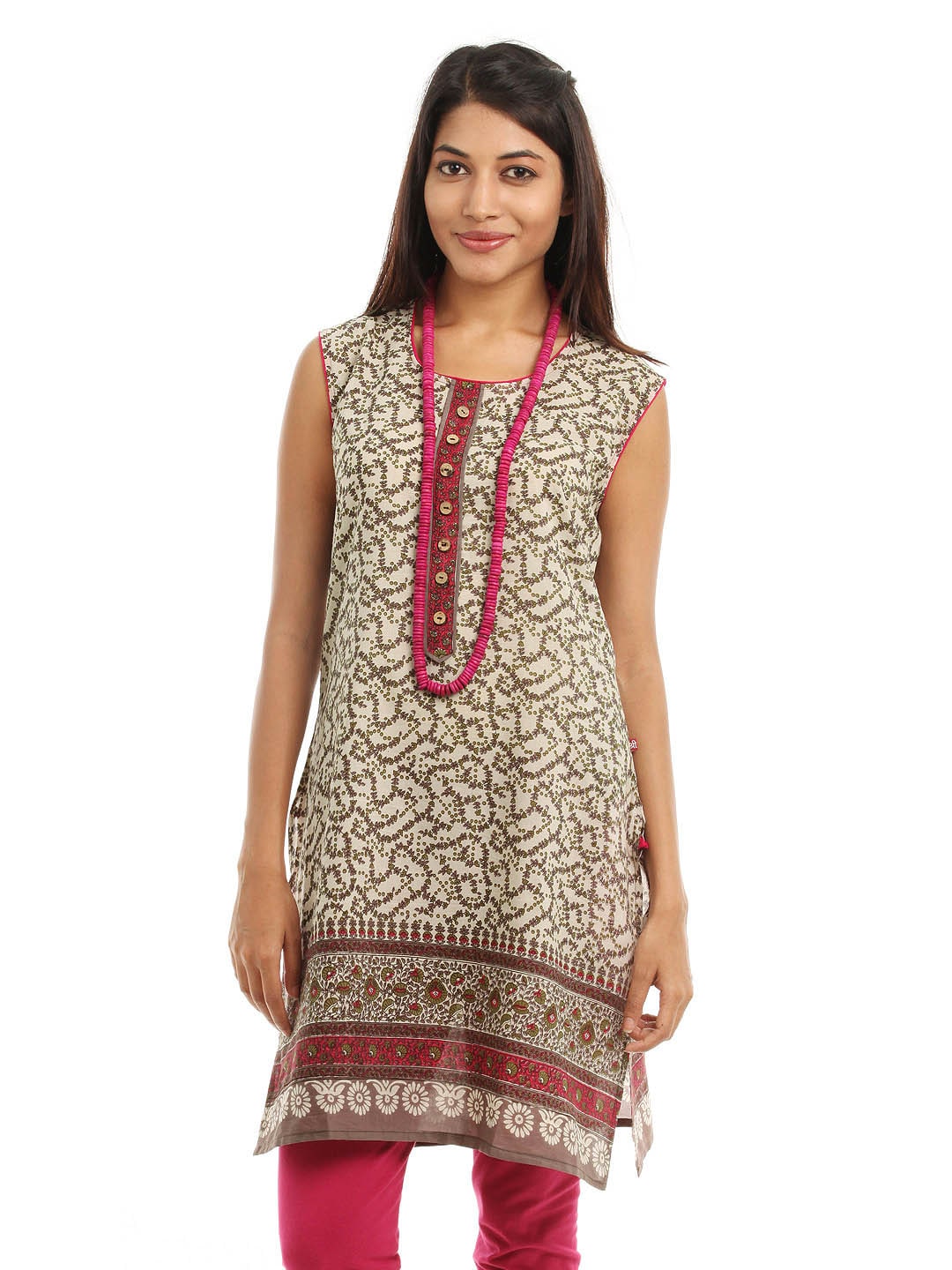 Shree Women Cream & Fushia  Printed Kurta