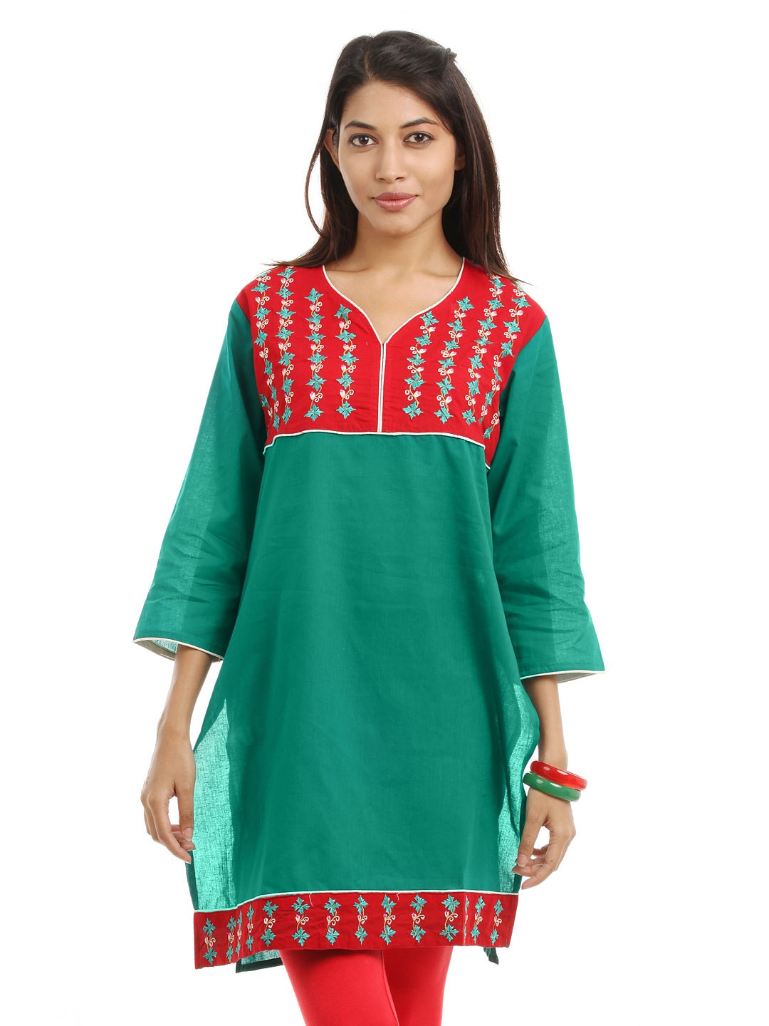 Shree Women Green & Red Embroidered Kurta