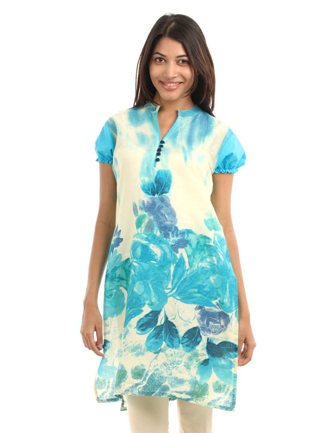 Shree Women Cream & Turquoise Blue Kurta