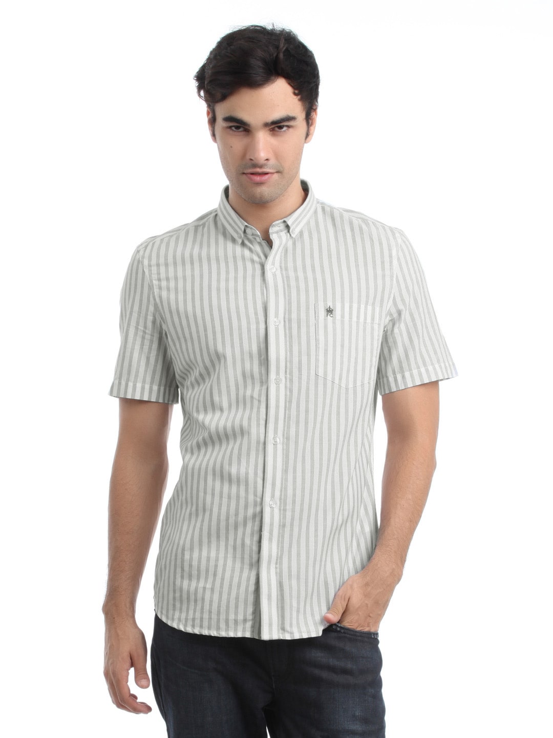 French Connection Men White Striped Shirt
