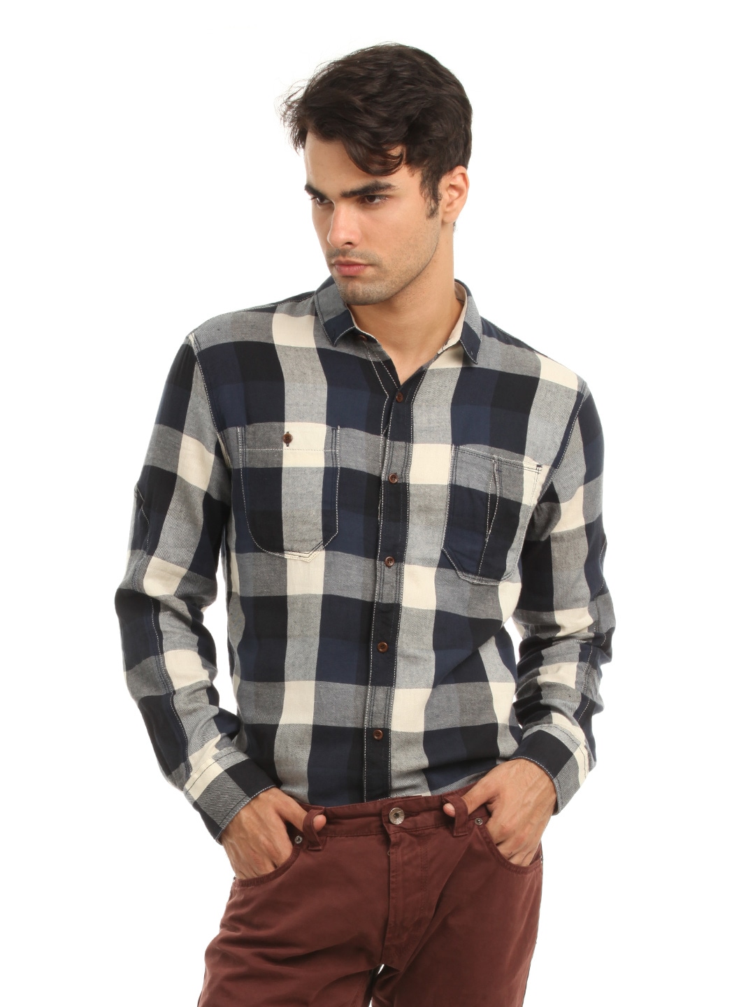 French Connection Men Navy Blue Check Shirt