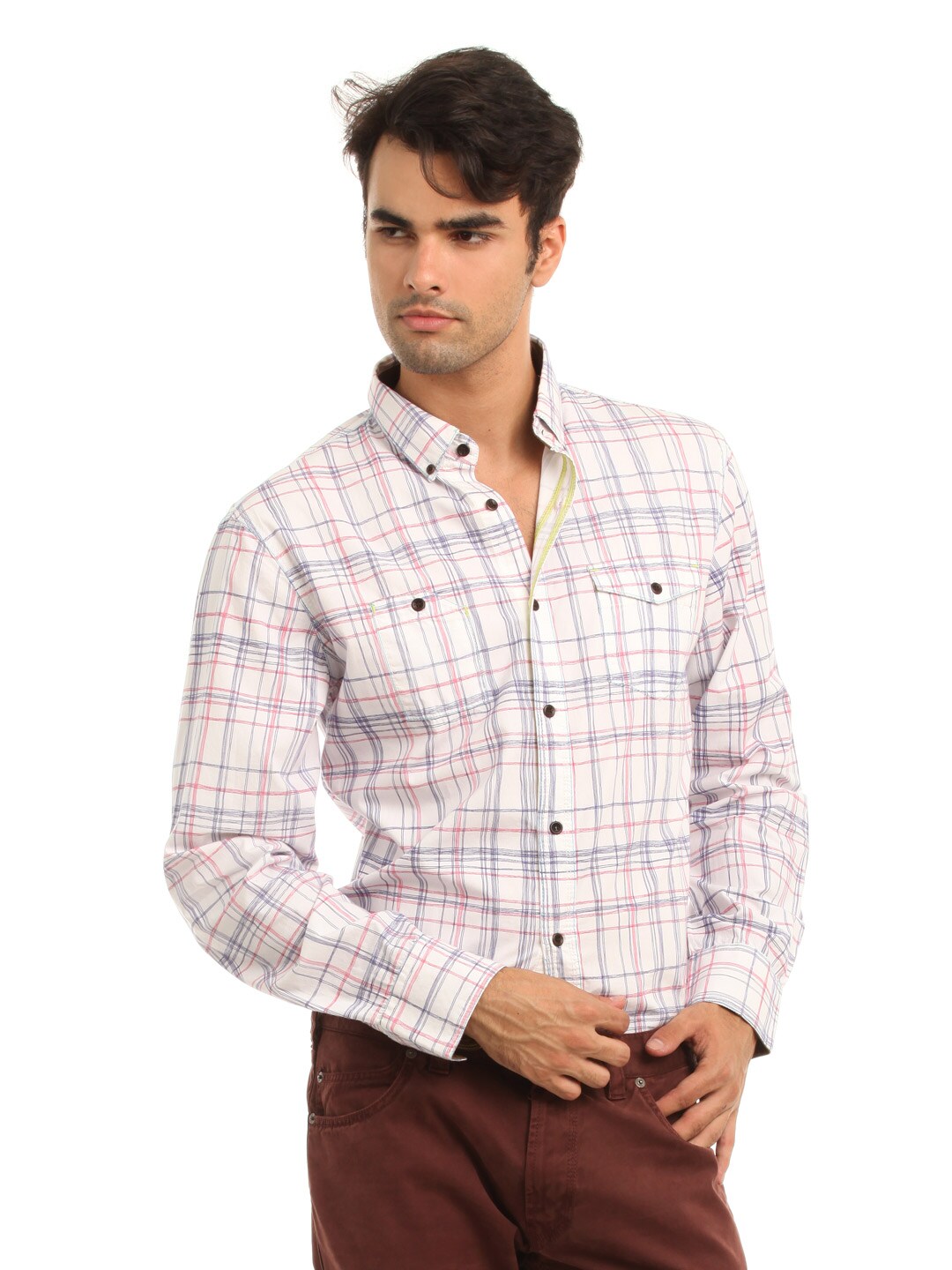 French Connection Men White & Purple Check Shirt