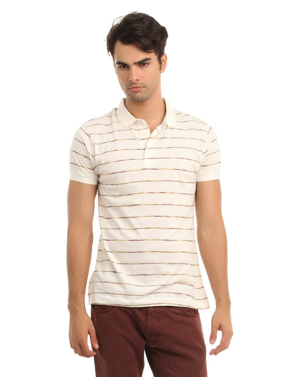 French Connection Men Cream Striped T-shirt