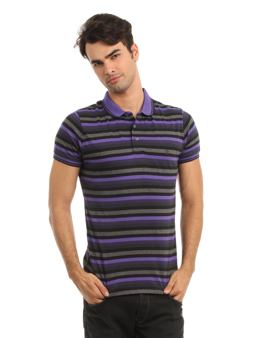 French Connection Men Purple & Grey Striped T-shirt