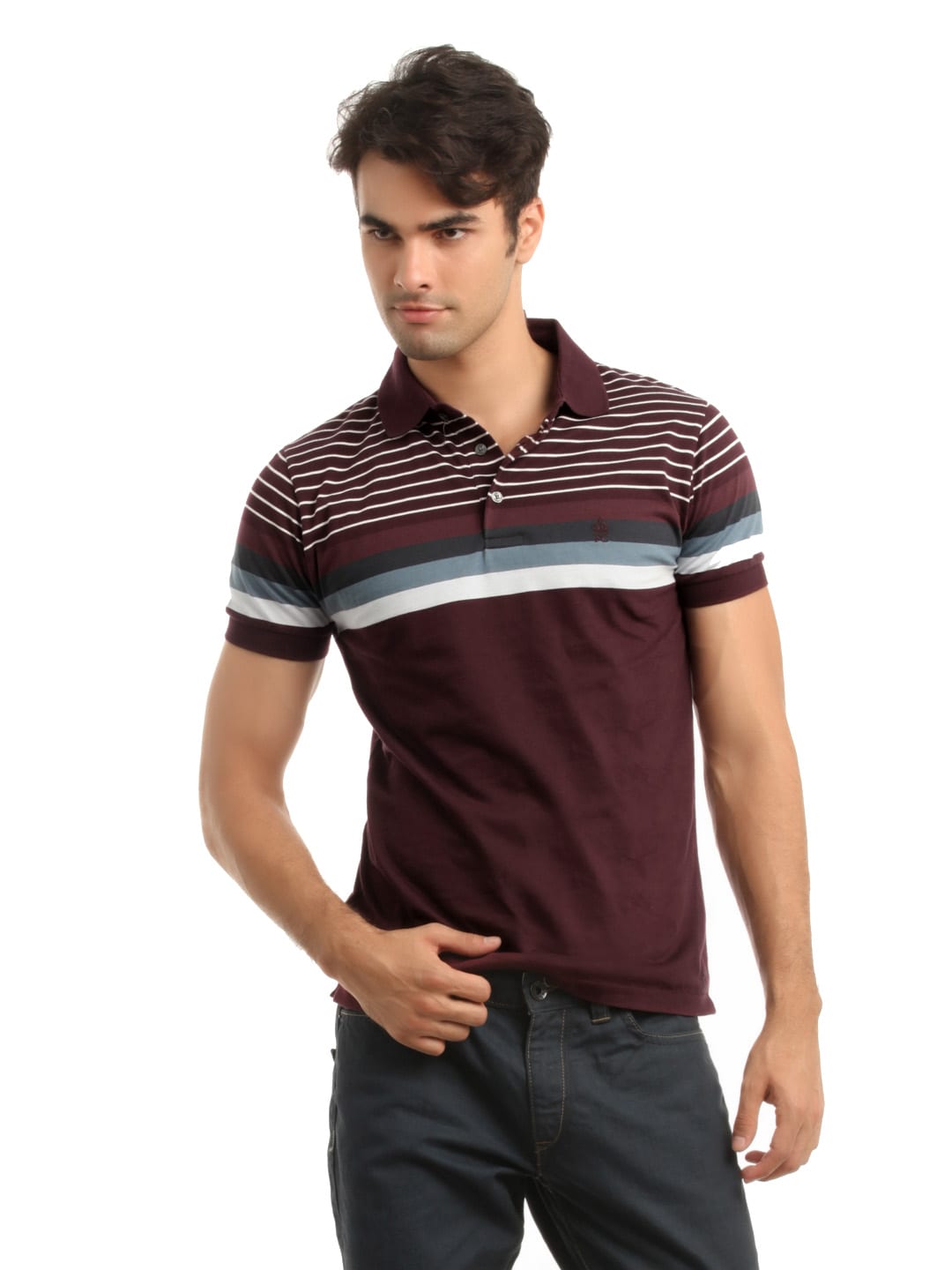 French Connection Men Maroon Striped T-shirt