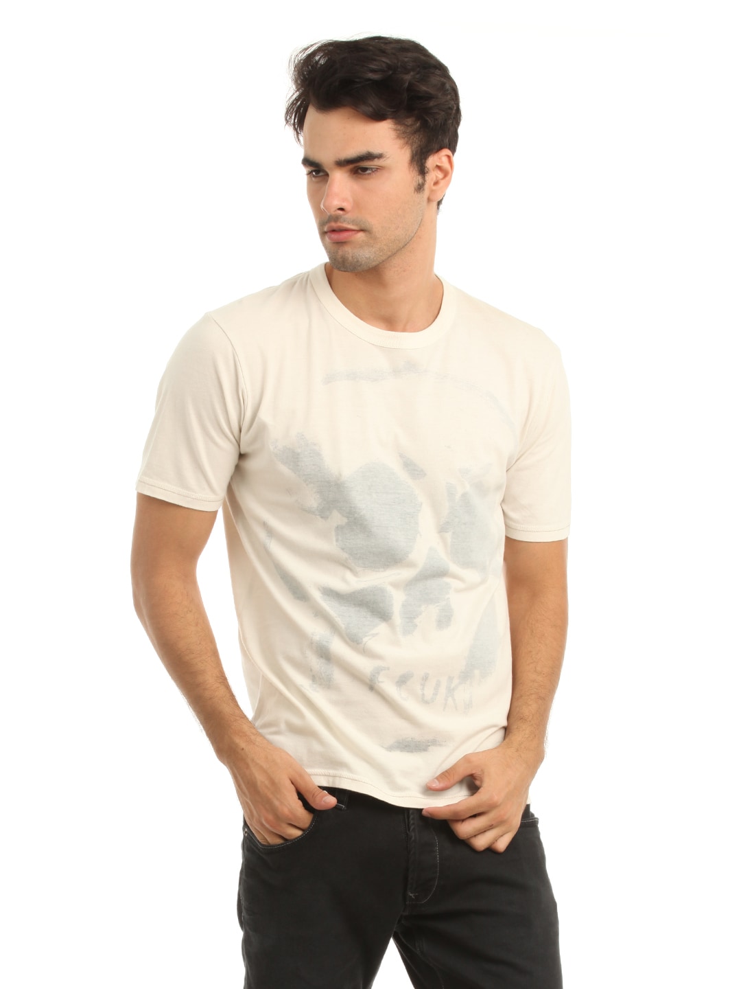 French Connection Men Cream Reverse Printed T-shirt