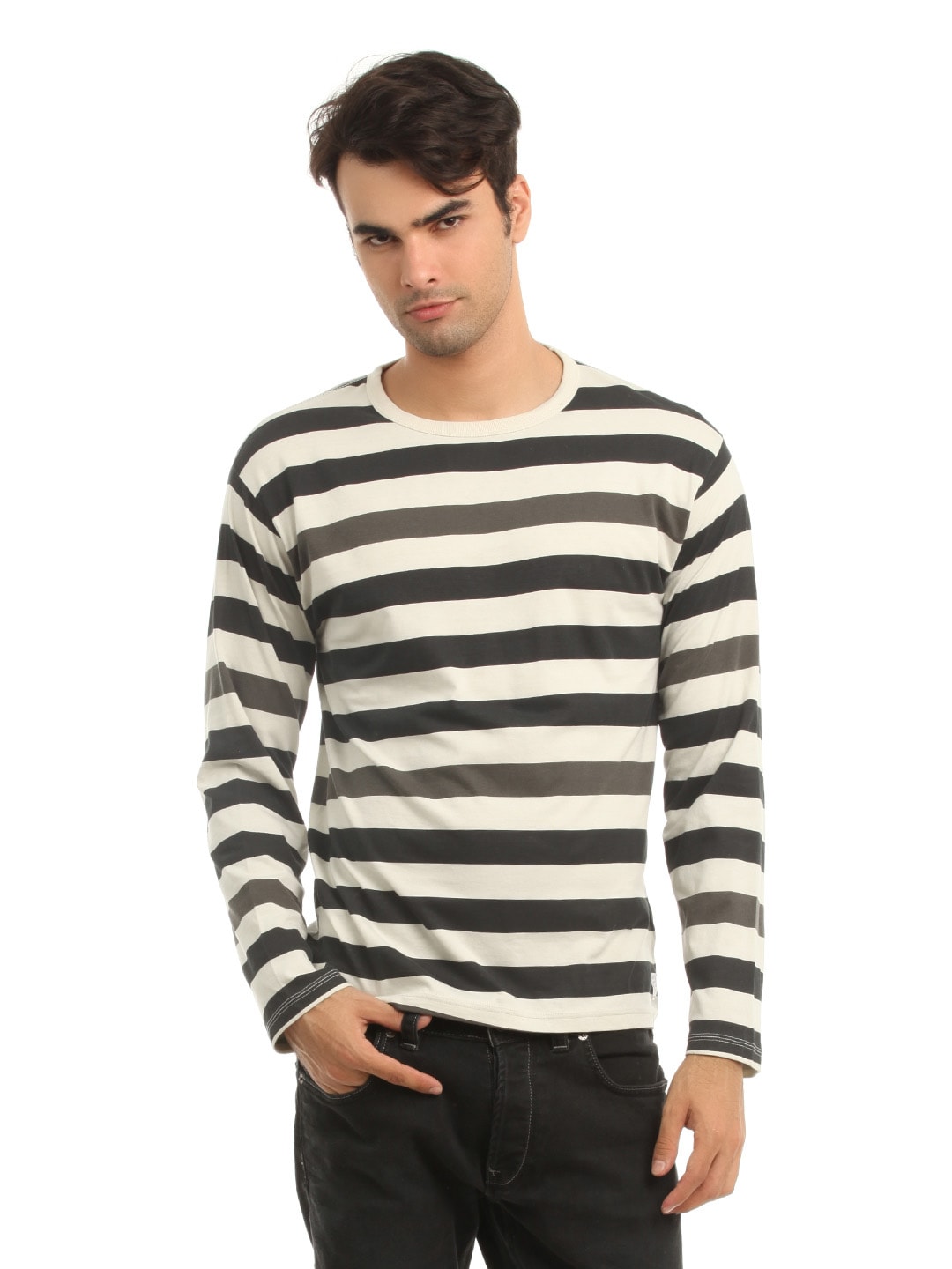 French Connection Men Beige & Black Striped T-shirt