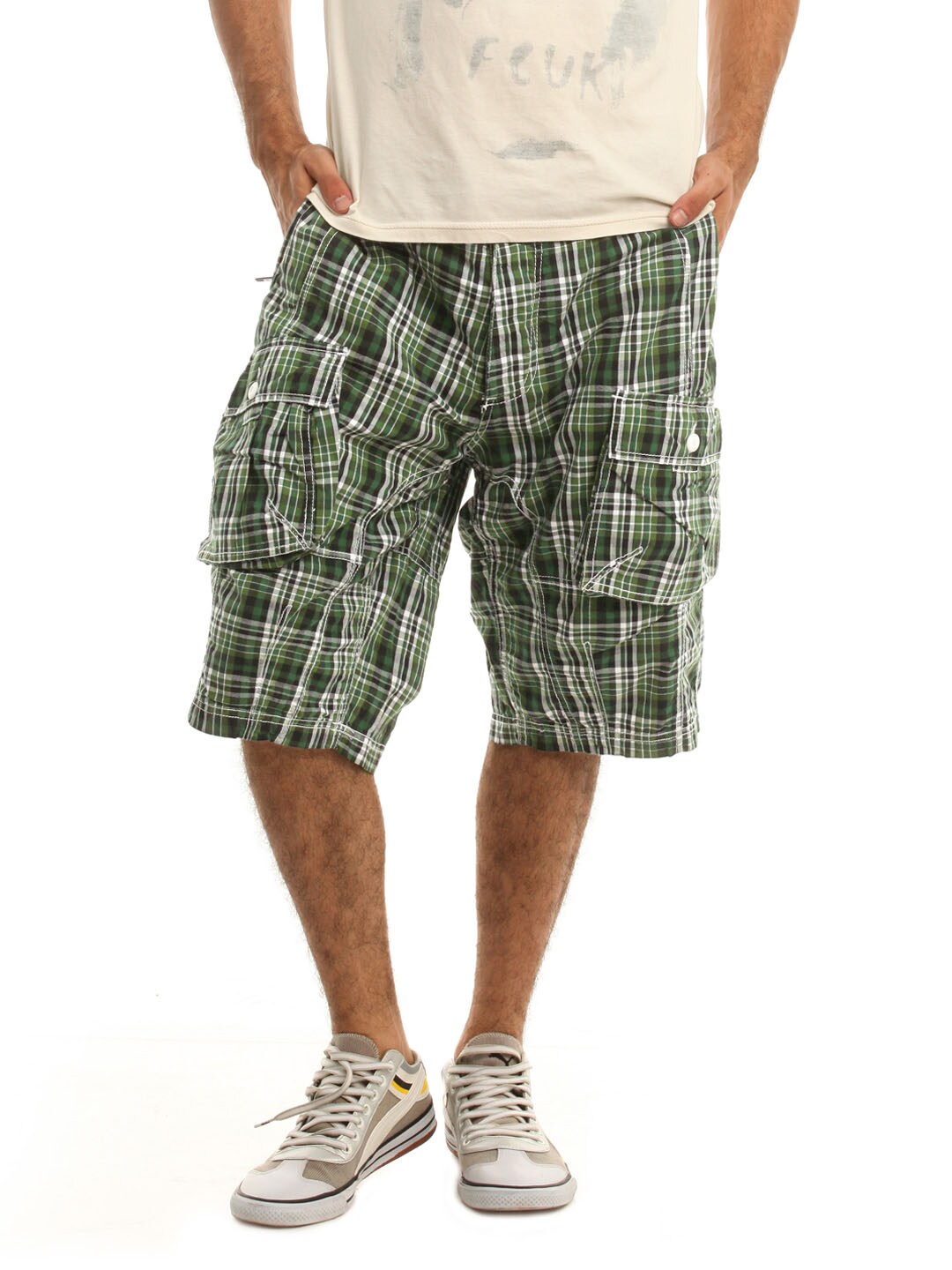 French Connection Men Green & White Check Cargo Shorts