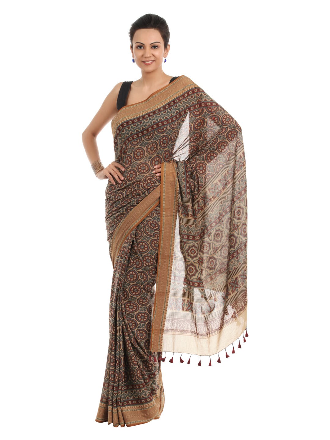 Fabindia Brown Hand Printed Sari