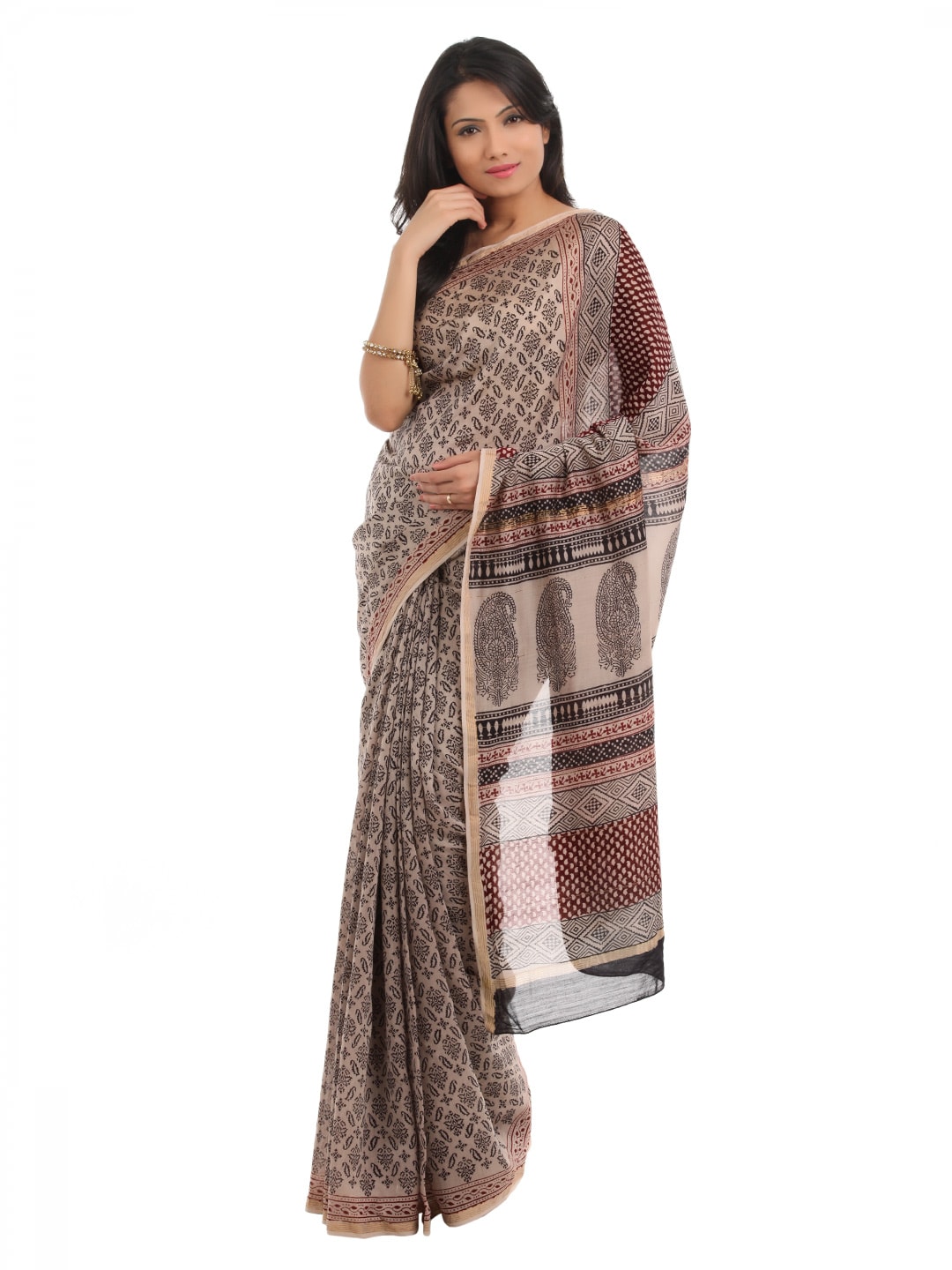 Fabindia Beige Hand Printed Sari