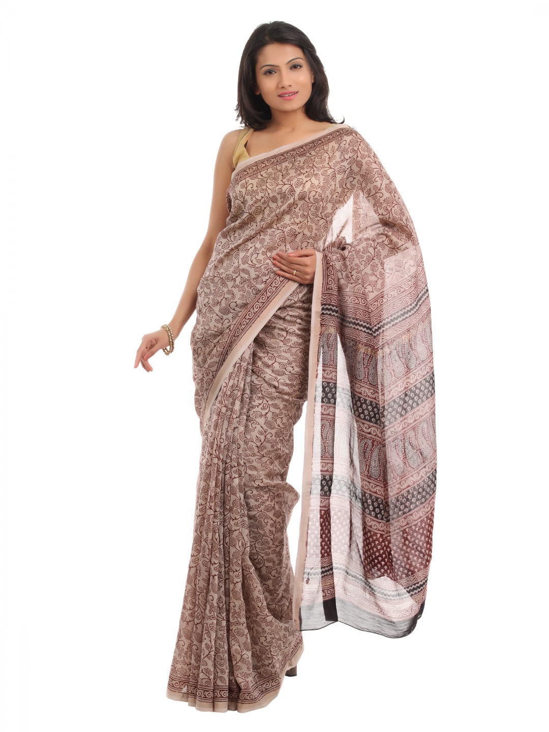 Fabindia Beige Hand Printed Sari