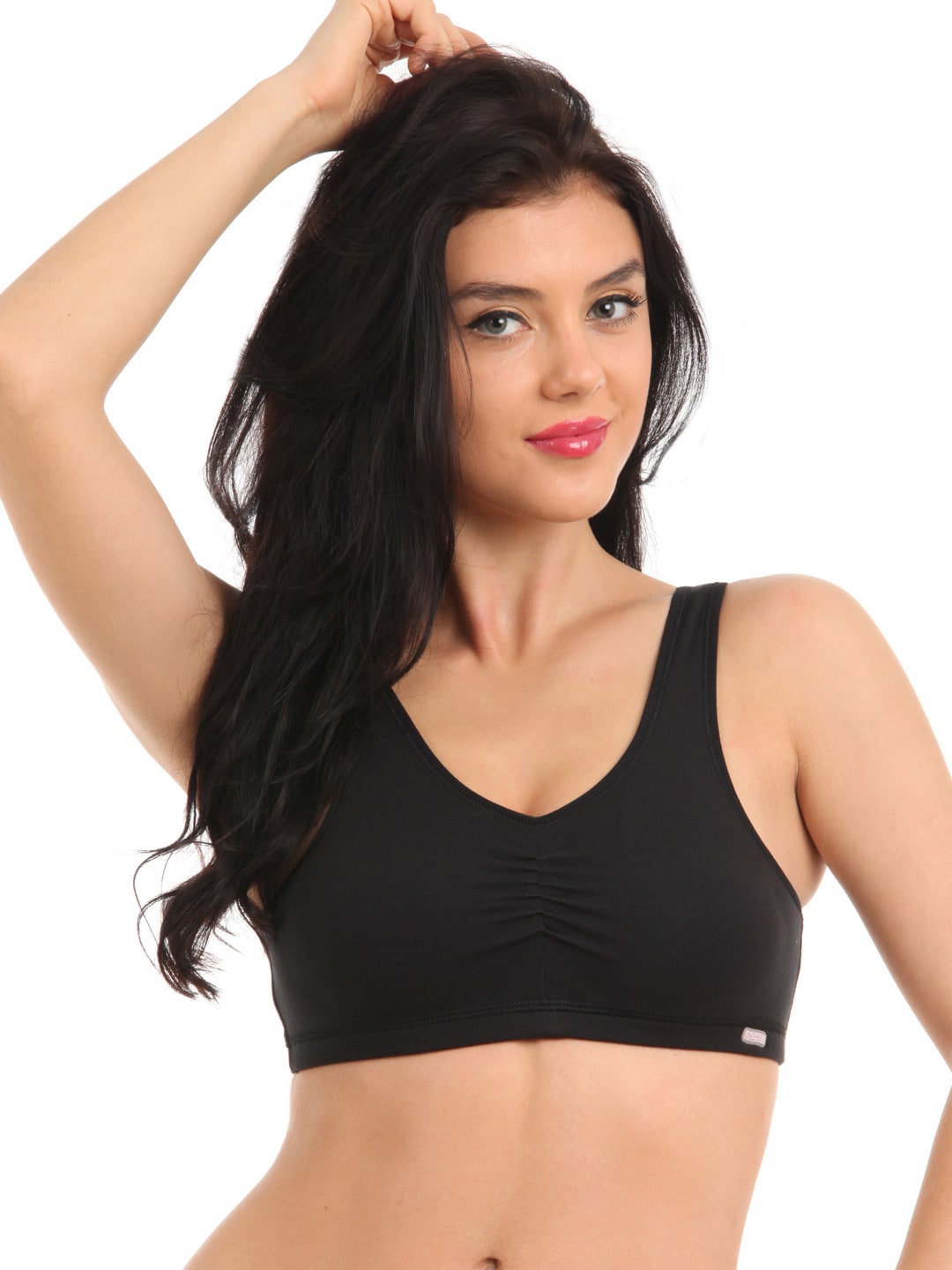 Hanes Women Black Cotton Stretch Shirred Crop Top Bra