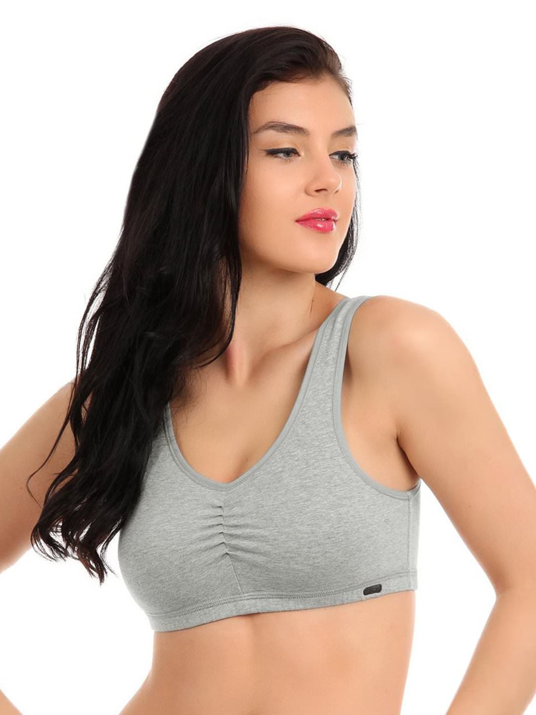 Hanes Women Grey Melange Cotton Stretch Shirred Crop Top Bra