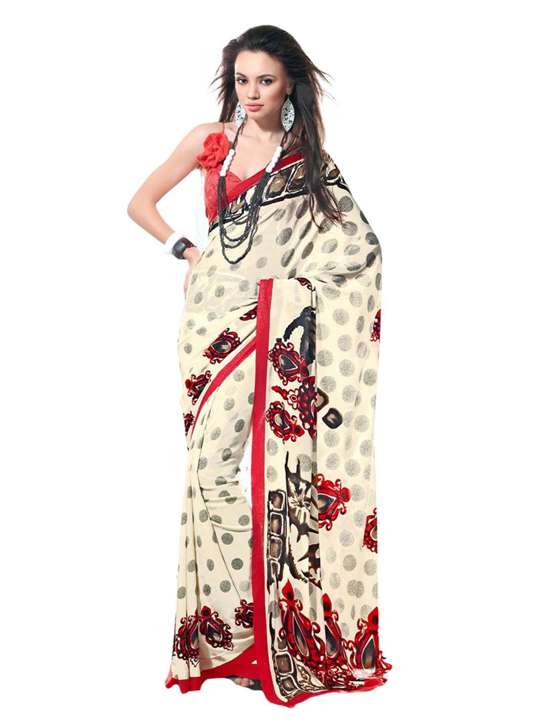 Prafful White & Red Sari