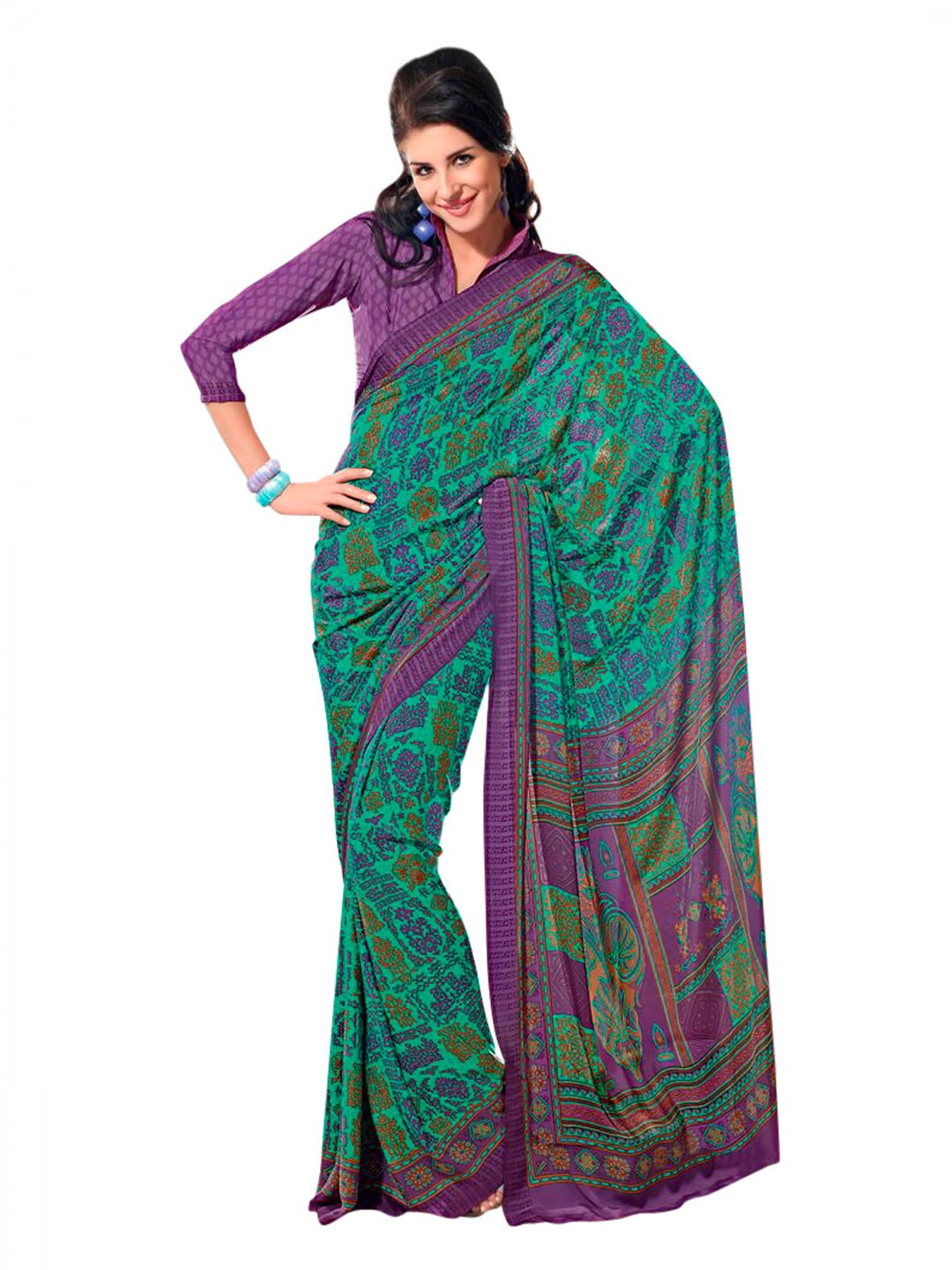 Prafful Green & Purple Crepe Printed Sari