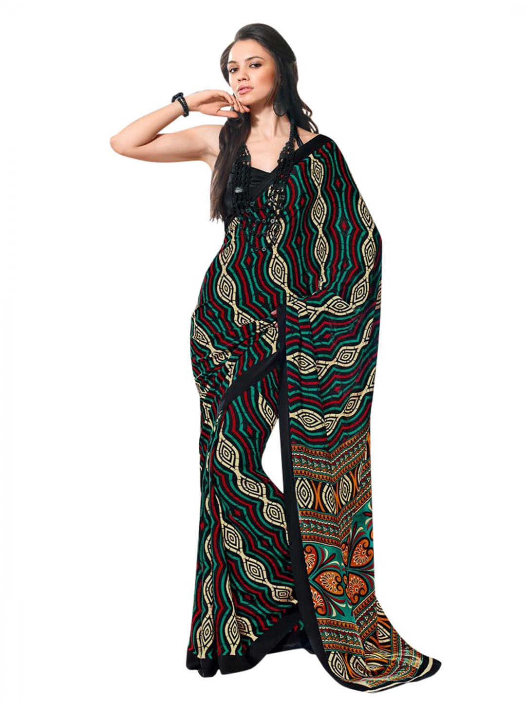 Prafful Black Crepe Printed Sari